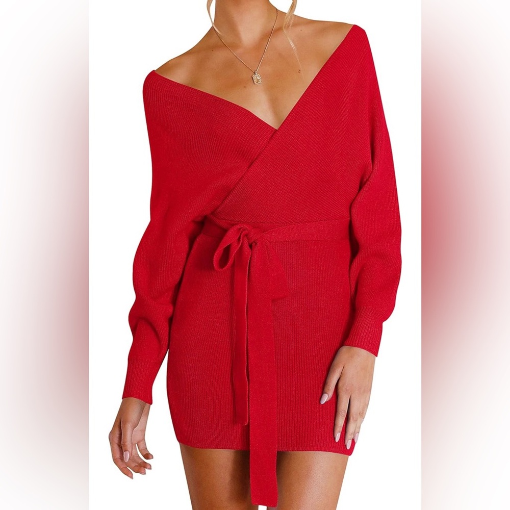 Red Long Sleeve V Neck Wrap Sweater Dress | Date Night Valentine’s Day Mini